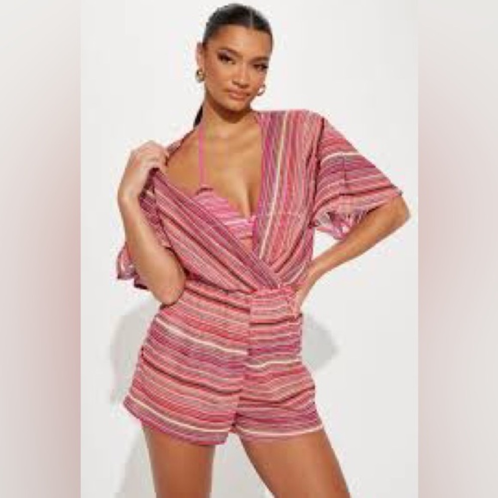 Vestique Pink and Orange Striped Swimsuit Romper Coverup Small